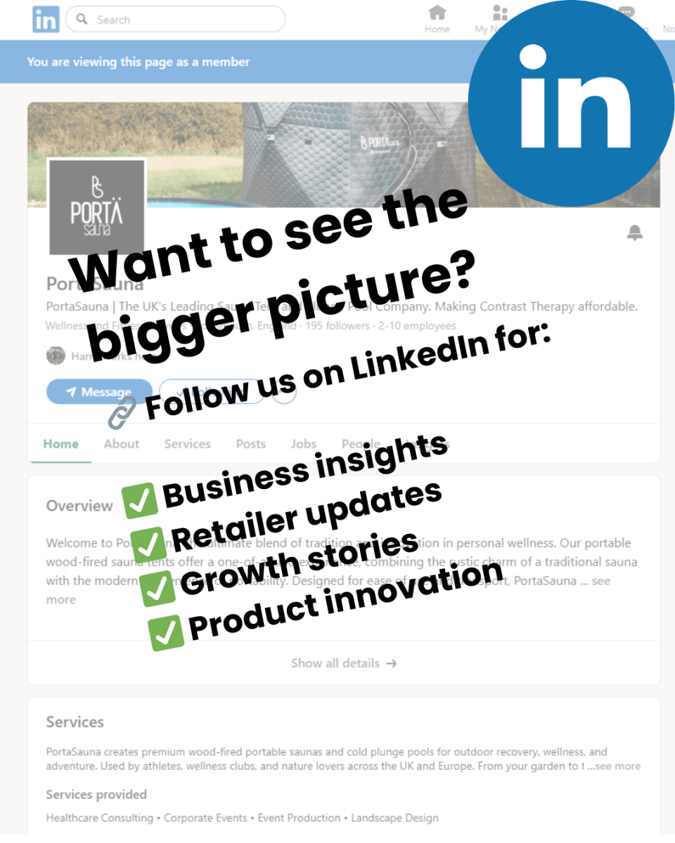 Behind the scenes of PortaSauna on LinkedIn featuring updates from a UK portable wood fired sauna brand