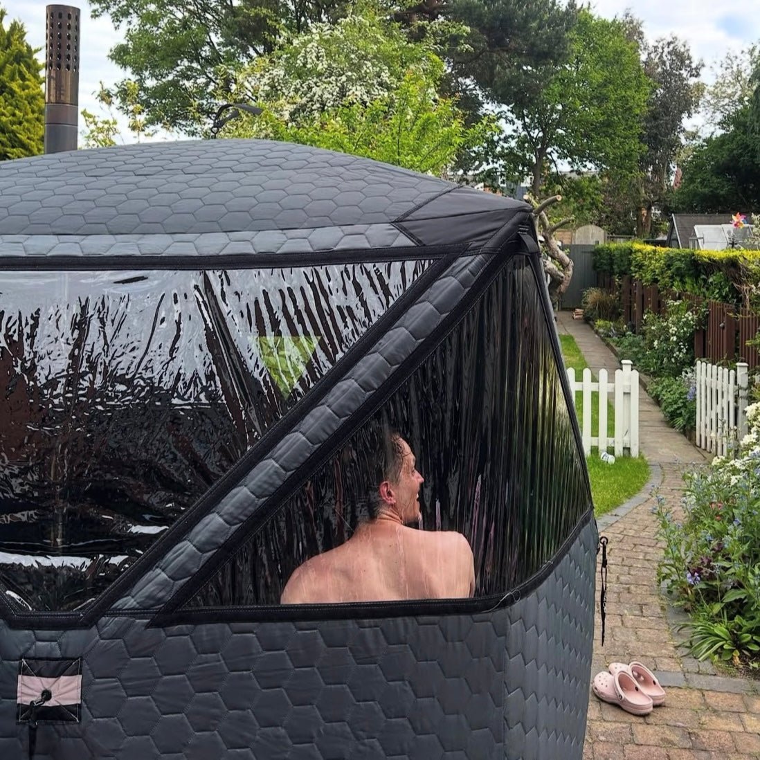 How UK homeowners build a garden spa using a portable wood fired PortaSauna for home relaxation.